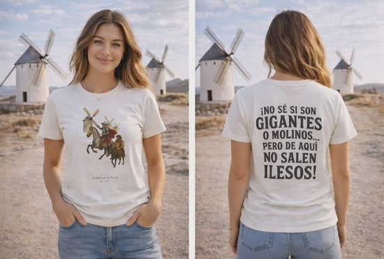 Video showing front and back view of model wearing white crew neck T-shirt with Don Quixote design