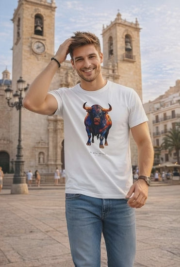 White crew tee t-shirt with colorful bull print, front view, video
