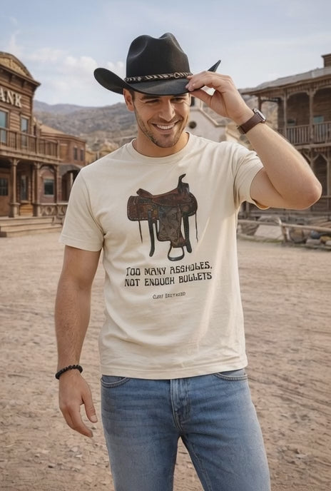 Video of a model wearing a Solid natural crew neck T-shirt with western saddle graphic and quote print, front view
