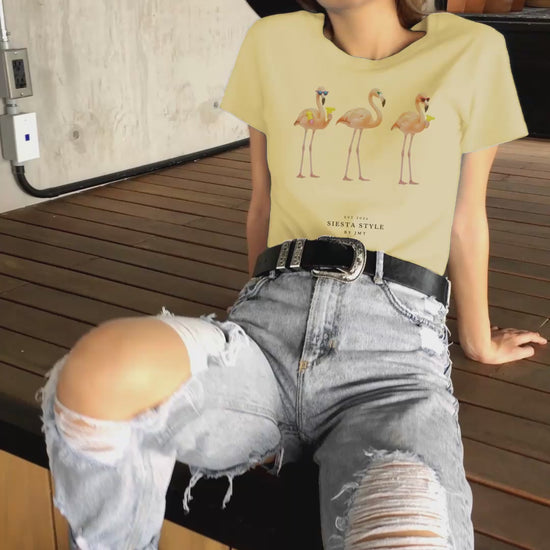 Video travel t-shirt with Spanish dancing flamingos wearing sunglasses print